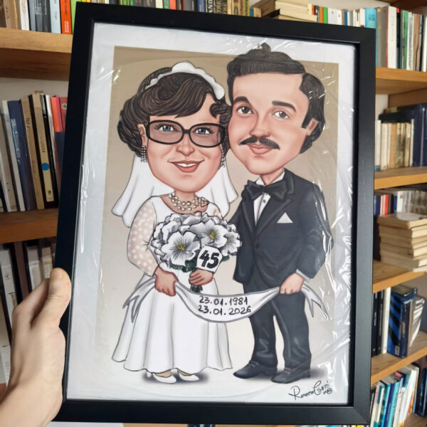 caricatură personalizată înrămată cuplu aniversare nuntă